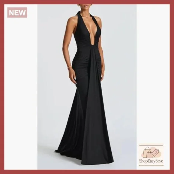 Elegant Ruched Bodycon Maxi Dress Deep V-Neck Halter Backless Formal Gown - Picture 4 of 6
